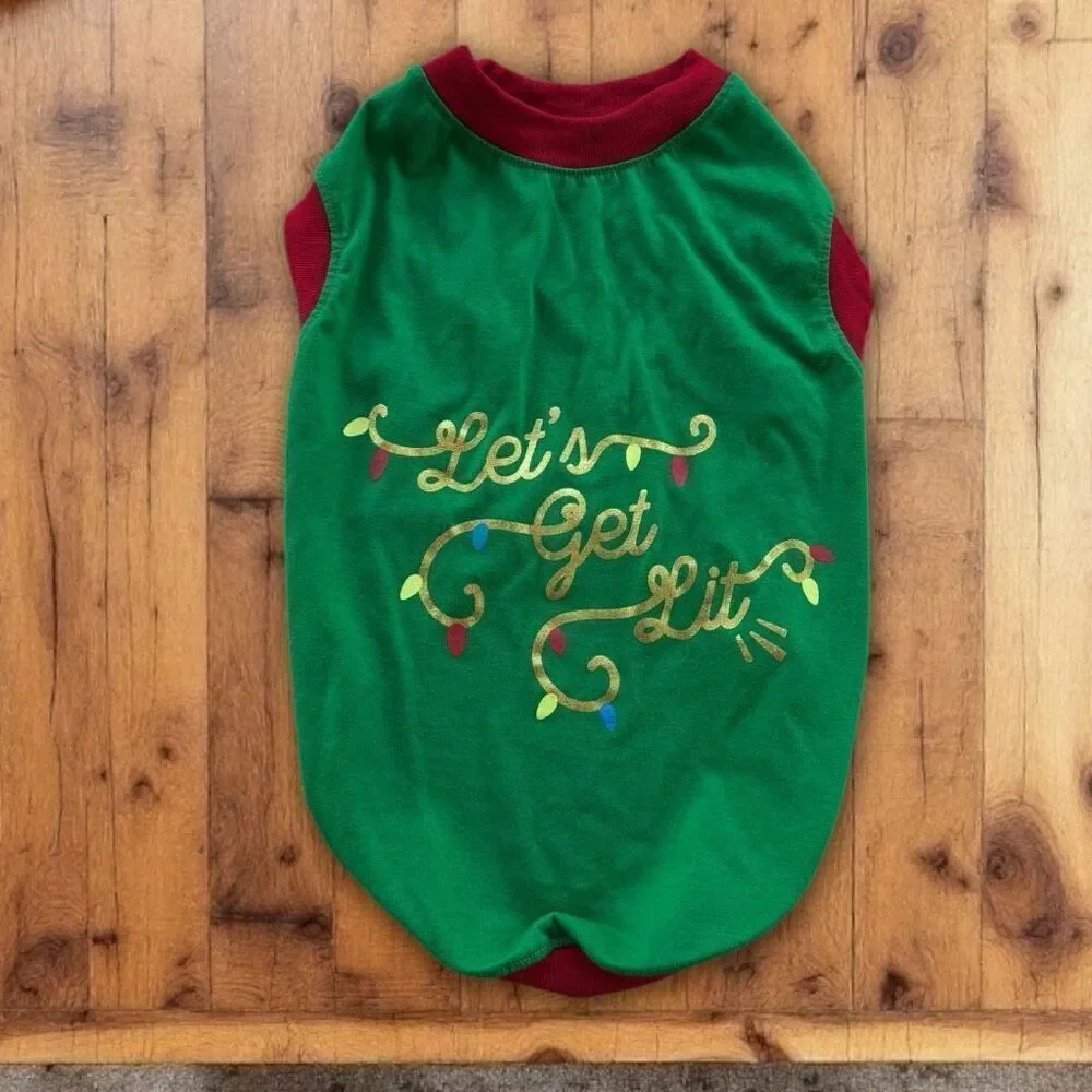 Dog Christmas Holiday Green Shirt Lets Get Lit Sz M/L